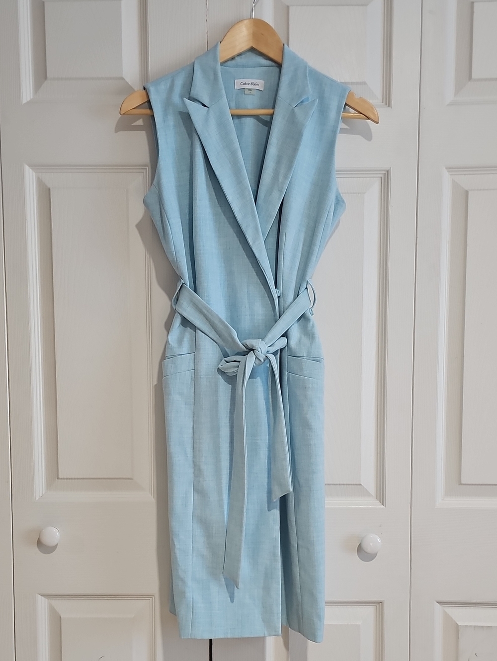 Calvin Klein Sleeveless Belted Sheath Dress Size 4 Light Blue Career Office Midi